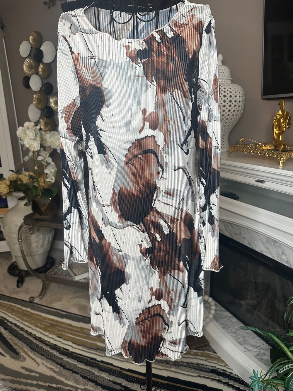 SHEIN Long Sleeve Abstract Print Dress - White, Brown & Black